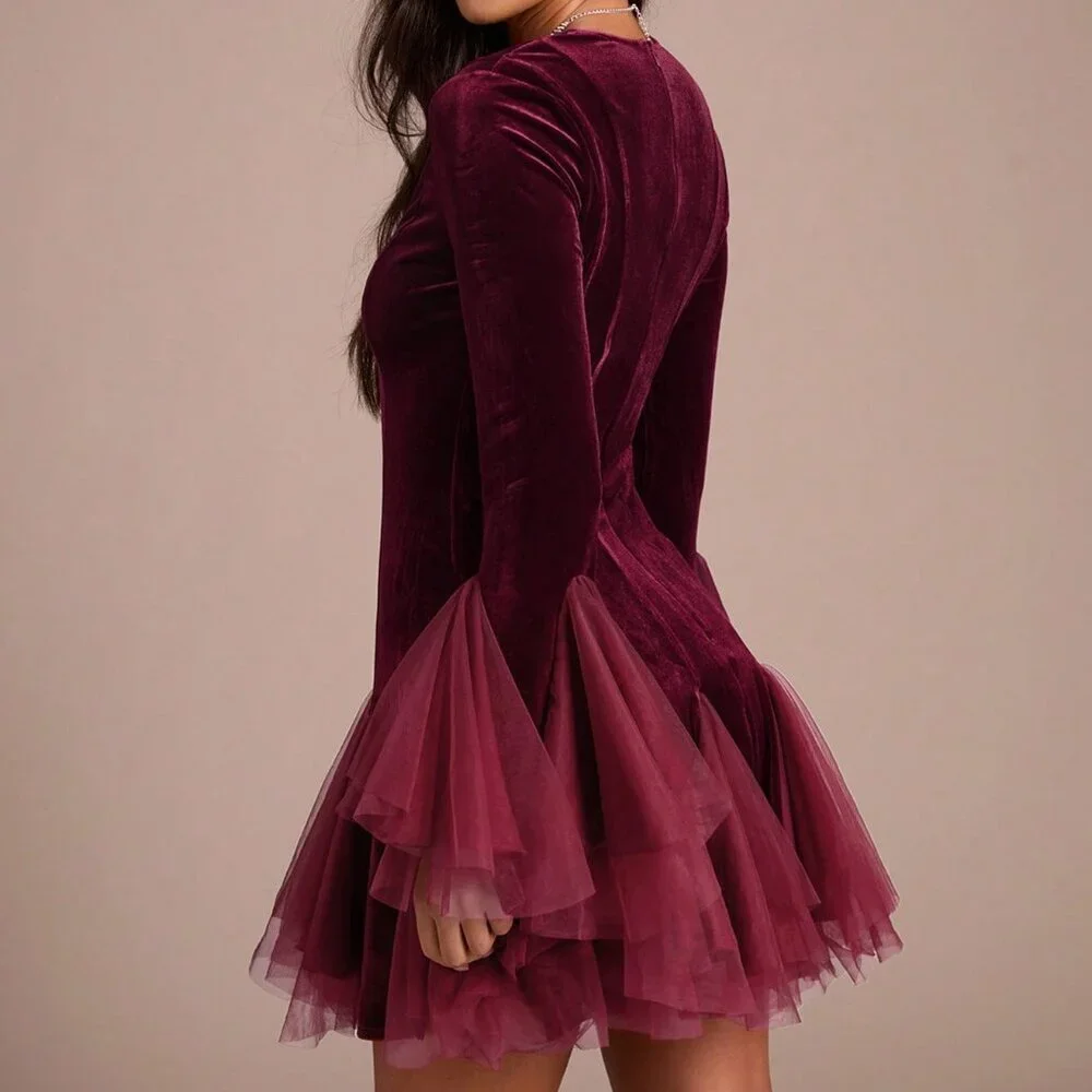 Burgundy Elegant Women's V-Neck Mini Dress - Picture 2 of 7